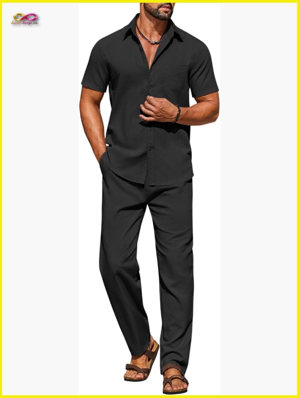 Men's Linen 2 Piece Short Sleeve Button Down Shirt and Pants Set Casual Summer